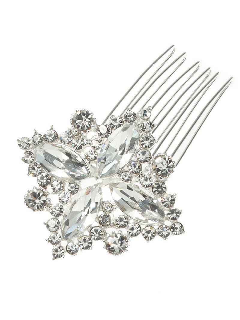 Tocado de novia plata con cristales en forma de flor